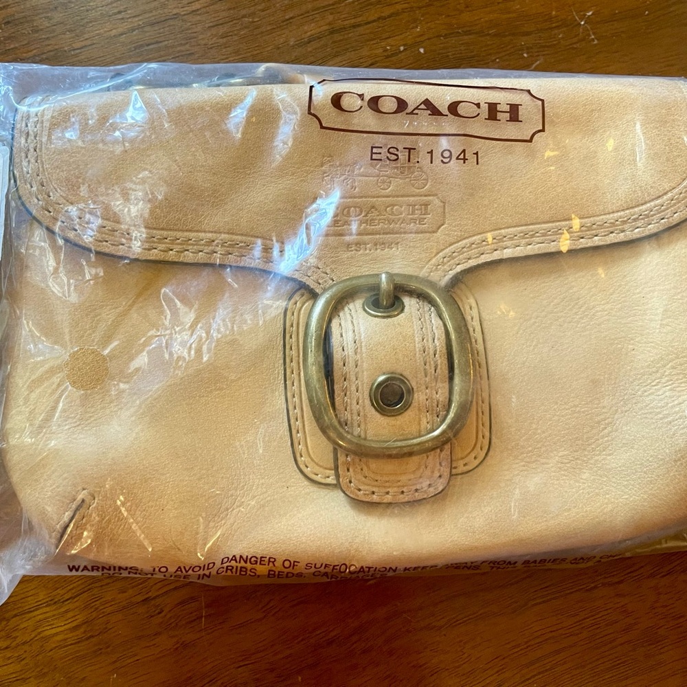 Coach Tan/Cream Bleaker Double Pocket Wristlet / Clutch with Gold Buckle